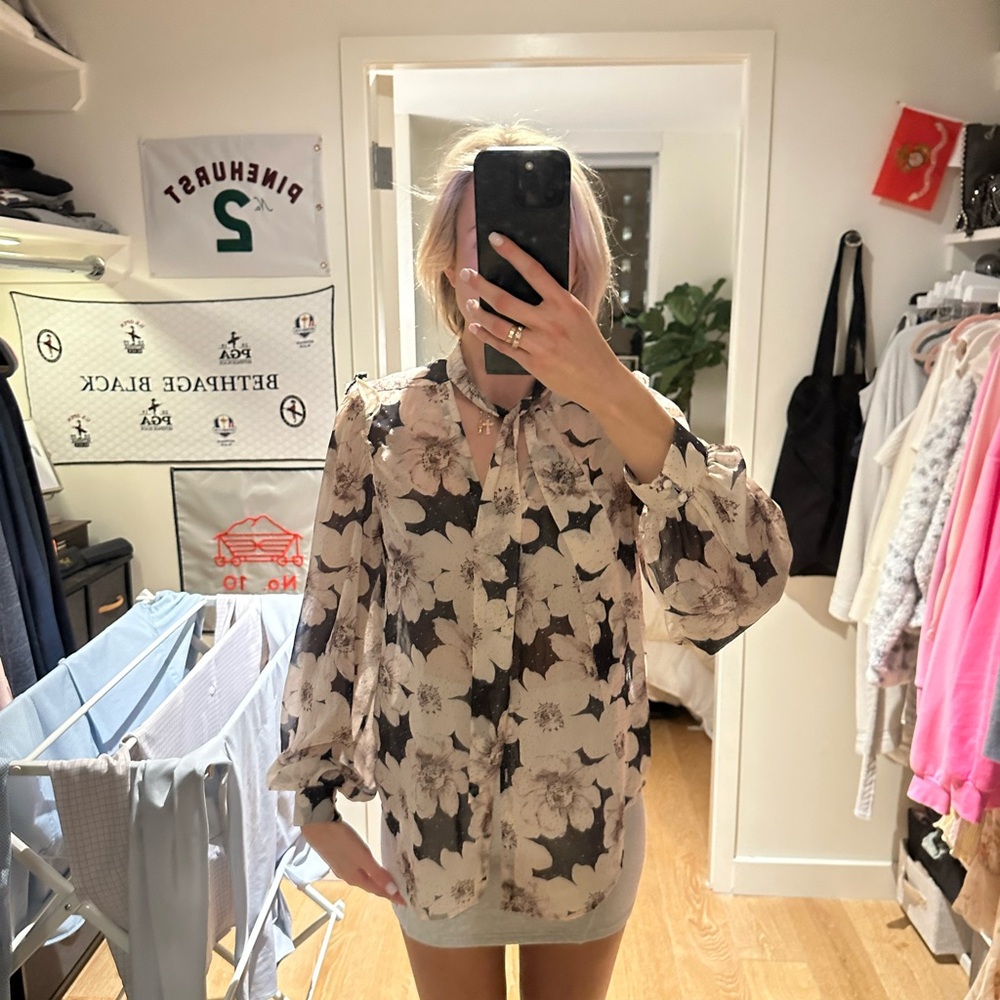 Paige Floral Sheer Tie-Neck Blouse - Black & Cream - Picture 6 of 7